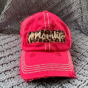 Pink With Leopard “#Momlife” Distressed Hat